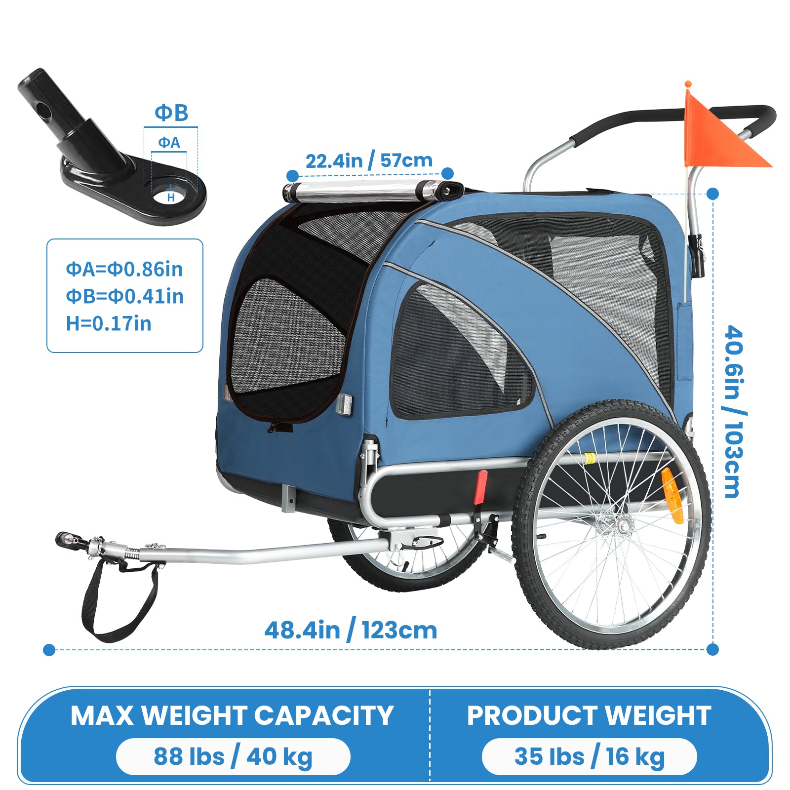 Remolque para perros para bicicleta 2 en 1 con freno de mano y reflectores (10202NS)