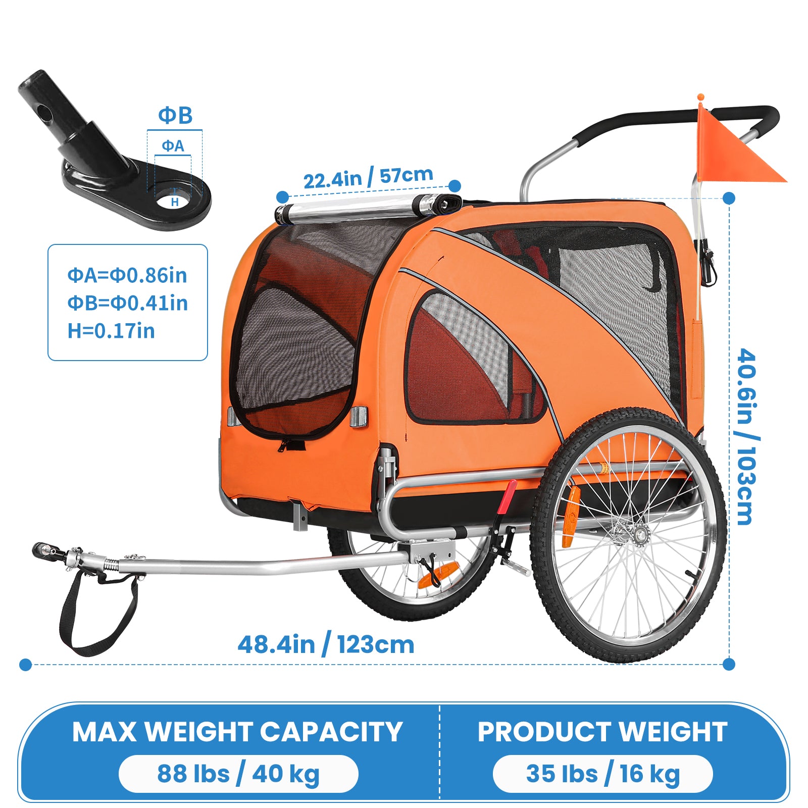 Remolque para perros para bicicleta 2 en 1 con freno de mano y reflectores (10202NS)