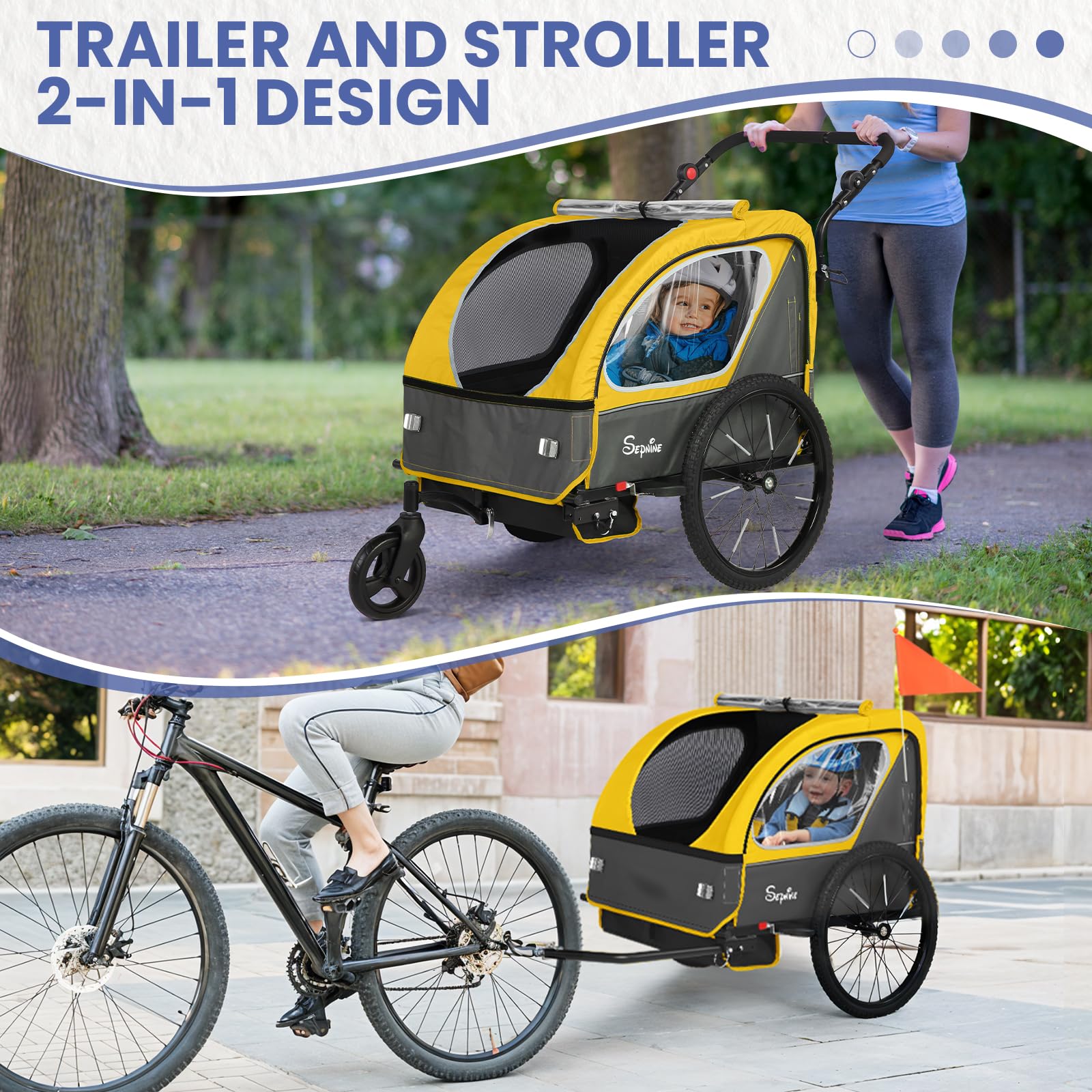 Remolque para bicicleta infantil, de fácil fijación, plegable, con arnés de 5 puntos (BT921)